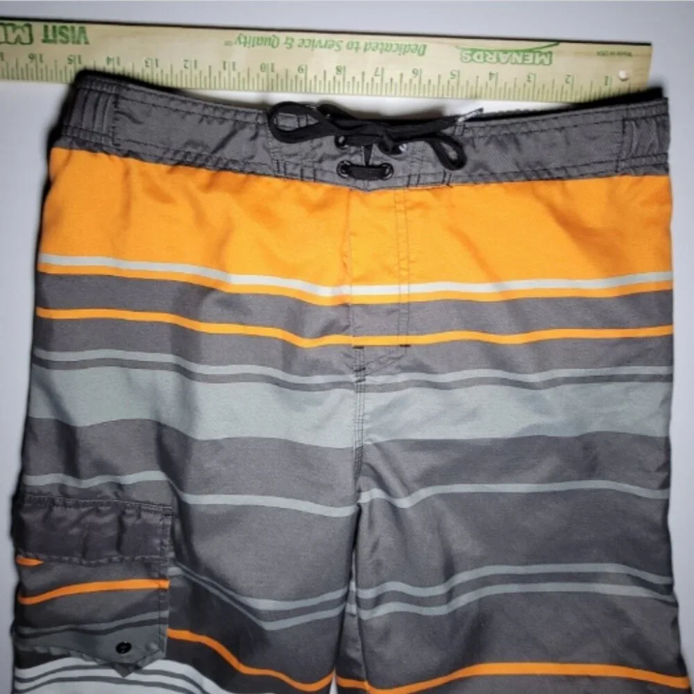 Hang Ten Mens Orange and Gray Striped Swim Trunks With 1 Pocket Size Large